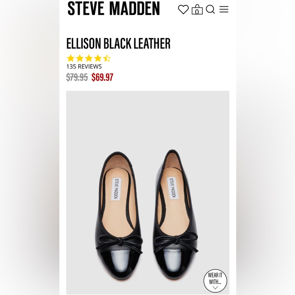 Steve Madden Ellison Black Leather Flats - Size 5.5.